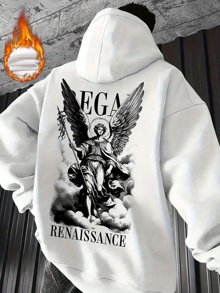 Camiseta con capucha de alta calidad para hombre, 1 unidad, holgada y cómoda, estampado de letras de ángel versátil, ideal para vacaciones, trabajo y uso diario. - Blanco - Añade 1