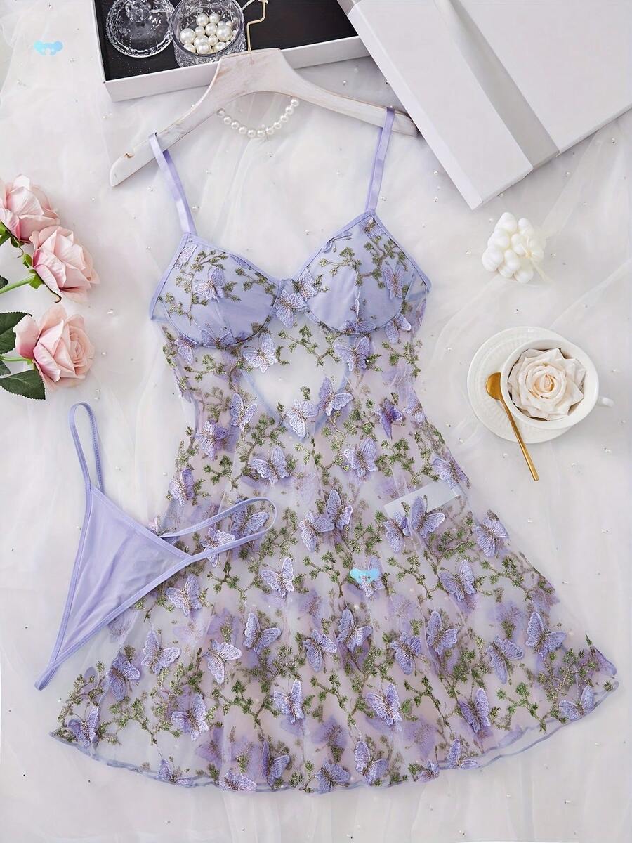 Women Sexy Lingerie Embroidery Butterfly Babydoll Sheer Mesh Nightgown Chemise Boudoir Nighty Sleepwear With Thong - Màu tím - Xem 1