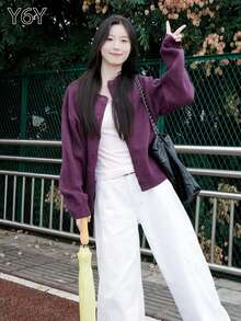 Y6Y 2026 New Autumn/Winter Korean Style Purple Women's Lazy High-End Loose Slimming Knit Sweater Cardigan Jacket - Purple - View 8