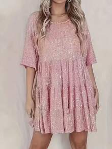 女士亮片装饰圆领七分袖宽松娃娃裙粉色夏季优雅 - 粉色 - 查看 3