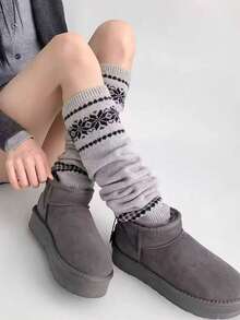 1 Pair Multicolor Korean Style Fair Isle Knit Leg Warmers For Women, Thick Knit Snowflake Design, Slimming & Warm, Grey, Cozy - Multicolor - View 13