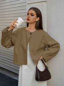 Damski elegancki, prosty, swobodny, uniwersalny, luźny, podszyty guzikami, gruby, krótki płaszcz, odpowiedni na codzienne wyjścia, do domu, na święta, randki, do biura, w podróż jesienią/zimą i na Boże Narodzenie - Wielbłąd - Zobacz 2