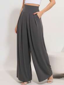 Wide-Leg, Loose-Fitting Palazzo Pants In Viscose/Lycra Knit Fabric With A Wide Waistband And High Waist And Pleats. - Dark Grey - View 9