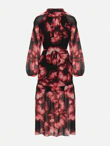 Casual Long Sleeve Floral Boxy Dress With Belt For Women