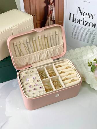 1个大容量首饰盒，女士真皮首饰收纳盒，奢华双层首饰盒，适合存放戒指、耳环、项链、手镯、手表，新款超大旅行首饰盒，圣诞礼物，送给妈妈、女朋友、女孩的礼物，多功能隔层，防止首饰缠绕和刮花