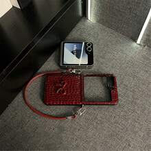 Luxury Burgundy Crocodile Texture 3D Bow Phone Case With Portable Lanyard, Compatible With Samsung Galaxy Z Flip 5/6/Z Flip 6/ZFlip 7, Shockproof Back Cover - 酒紅色 - 查看 11