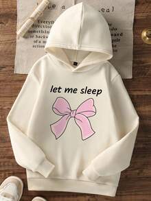 青少年女孩長袖連帽衛衣，趣味「Let Me Sleep」標語配粉色蝴蝶結圖案套頭運動衫，適合秋季日常穿著 - 杏色 - 查看 2