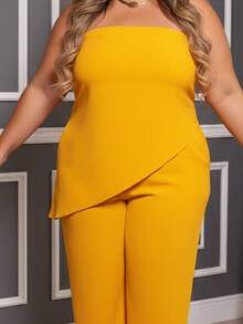 Conjunto Plus Size Feminino Blusa Barra Assimetrica e Calça Wide Leg Reta Cintura Alta Moda Primavera Verão