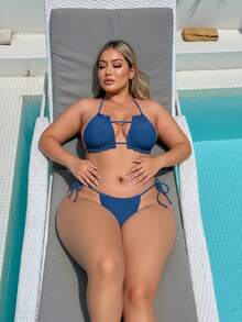 Sultry Sol 加大码高弹力吊带侧系带比基尼套装蓝色性感优雅女式泳装 - 霧霾藍 - 查看 8