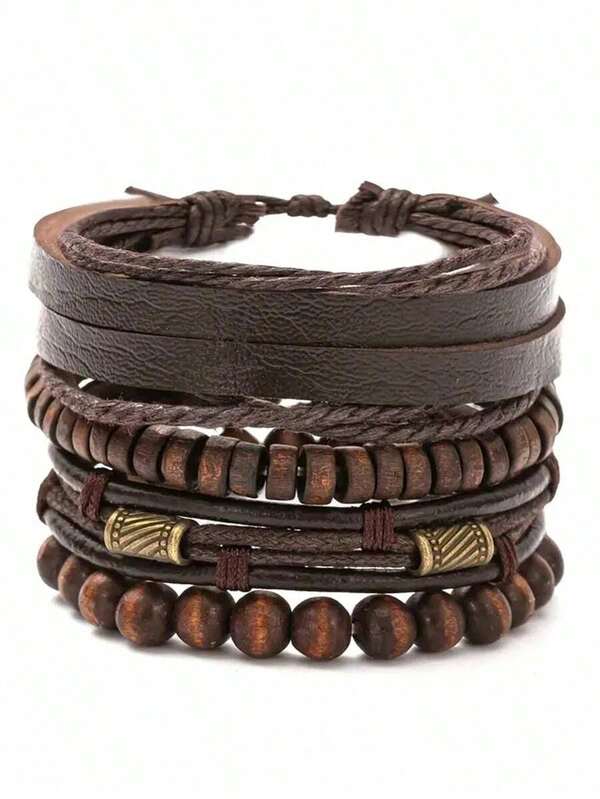 4pcs Fashion Vintage Men's Bracelets Set, Retro Wooden Beads Brown Leather Bracelet , Accessories Christmas Gift Good For Daily And Festival