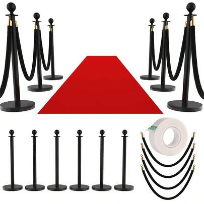 6-Pack Crowd Control Stanchions With 4 Velvet Ropes & 26FT Red Carpet Set, Rope & Stable Base Safety Barriers For Hotel, Theater, Event & Party