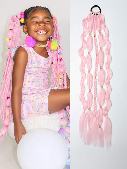 Corlorful Bubble Braid Syntheti Ponytail Extension Long Lantern Hairpieces Braided Ponytail With Hair Tie Straight Hairpie 1pc Halloween Ravehair For Kids 1pc