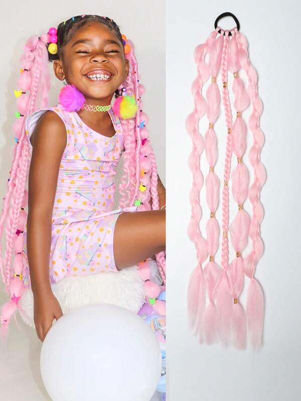 彩色泡泡辫合成马尾假发长灯笼假发编织马尾带发圈直发发饰1件万圣节狂欢儿童假发1件