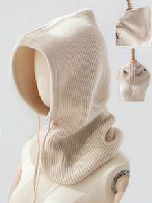 1pc Unisex Wool Blend Knitted Balaclava Hat, Warm & Soft Beanie Cap With Drawstring, Adjustable Neck Warmer For Autumn/Winter