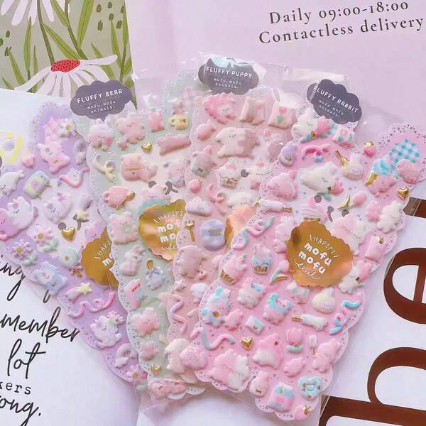 可爱卡通毛绒猫狗贴纸，DIY剪贴簿、手机壳、相册装饰，日式风格