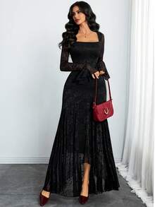 Women's Elegant French Romantic Sexy Square Neck Rose Lace Jacquard Vintage Double-Layer Ruffle Sleeve Asymmetric Hem Dress, Suitable For Dates, Vacations And Everyday Wear - Black - View 2