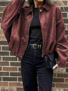 Áo khoác cỡ lớn tay cánh dơi, khóa kéo, cúc bạc, gấu áo xếp ly, thời trang nữ chất liệu mềm mại tay dài phong cách đường phố dáng rộng nhẹ cho mùa xuân và mùa thu. - màu tím - Xem 3