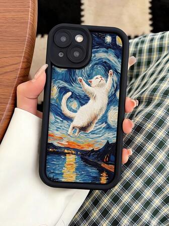 1个个性化星空白猫图案黑色打孔防摔防指纹全包软壳手机壳，兼容 16 Pro Max/16/16 Pro/16 Plus/15/15 Pro Max/15 Pro/11/12/13/14 Pro Max/11 Pro/11 Pro Max/12 Pro/12 Pro Max/13 Pro/13 Pro Max/14 Pro/14 Pro Max/16 Pro Max/16/16 Pro/16 Plus，简约创意设计