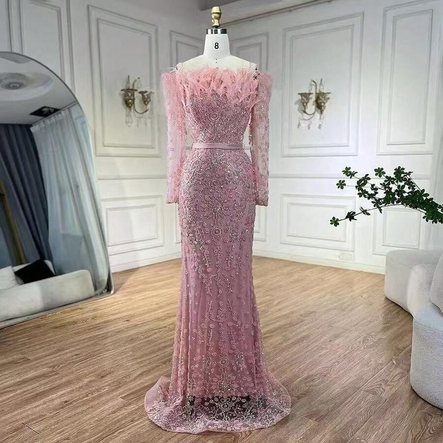 25 Black Off-Shoulder Feather Mermaid Gown Light Luxury Elegant Socialite Banquet Host Evening Dress - 粉紅色 - 查看 1