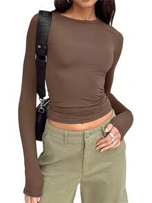 Women's Casual Minimalist Crew Neck Raglan Sleeve Fitted Long Sleeve Base Layer T-Shirt, Suitable For Autumn/Winter - 棕色 - 查看 2