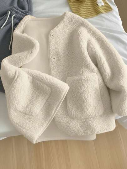 Women's Apricot Teddy Faux Fur Button Front Long Sleeve Cardigan Jacket, Fashionable Outerwear With Slight Stretch