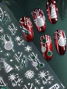 2 Sheets Christmas Nail Art Stickers With Rhinestone, Silver Glitter Snowflake Xmas Tree Pine Branch Bauble Winter Self-Adhesive Nail Decals, DIY Manicure Decorations - Multicolor - View 4