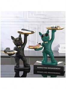 33.5CM Butler French Bulldog Statue - Resin Decor With 2 Serving Trays, Vintage Home Accent For Living Room/Bar