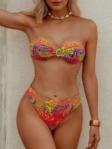 wohenmeili Women's Colorful Animal Print Bikini Set Vacation Beach Summer - Orange Base With Yellow, Blue, and Green - View 4