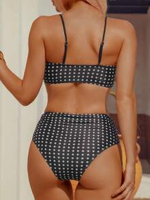 wohenmeili Women's Beach Vacation Polka Dot Print Bikini Set - Black Background With White Dots - View 7