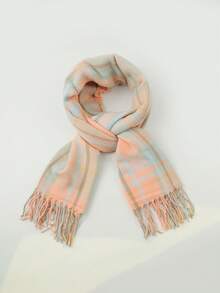 1件装女士时尚经典简约条纹格子撞色流苏装饰围巾，多功能保暖防风围巾/披肩，适合秋冬季户外、休闲、旅行 - 米色 - 查看 5