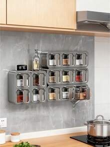1 szt. Szaro-mleczno-biały pojemnik na przyprawy, stojak na przyprawy, szuflada na przyprawy, samoprzylepny pojemnik na przyprawy do montażu na ścianie, modny wygląd, odpowiedni do szafki, kuchni, przechowywania cukru, soli, pieprzu i innych przypraw, nie wymaga wiercenia, nadaje się do blatów kuchennych i przechowywania żywności - Wielokolorowe - Zobacz 2