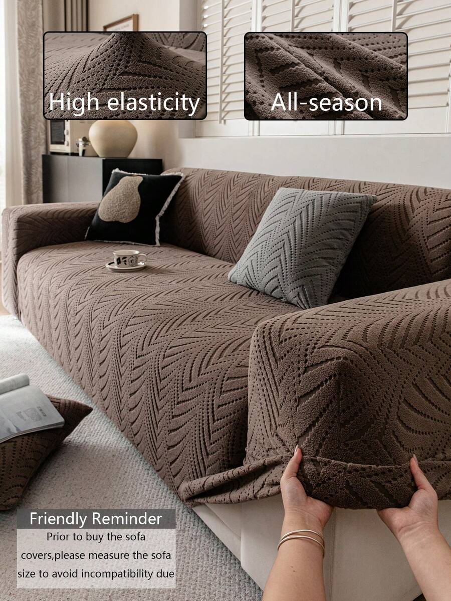 1pc 3D Sofa Cover, Multi-Functional Full Coverage Sofa Slipcover, Solid Color Geometric Pattern Design Sofa Protector, Stretch Fit Sofa Cover, Suitable For All Seasons - Khaki - View 1