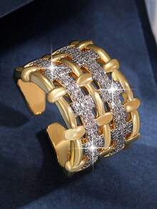 1pc Luxury Dual-Tone Hollow Knitted Couple Wedding Ring, Fashion Geometric Cubic Zirconia Copper Ring, Women's Birthday, Date, Engagement, Christmas Gift - Yellow Gold - View 7