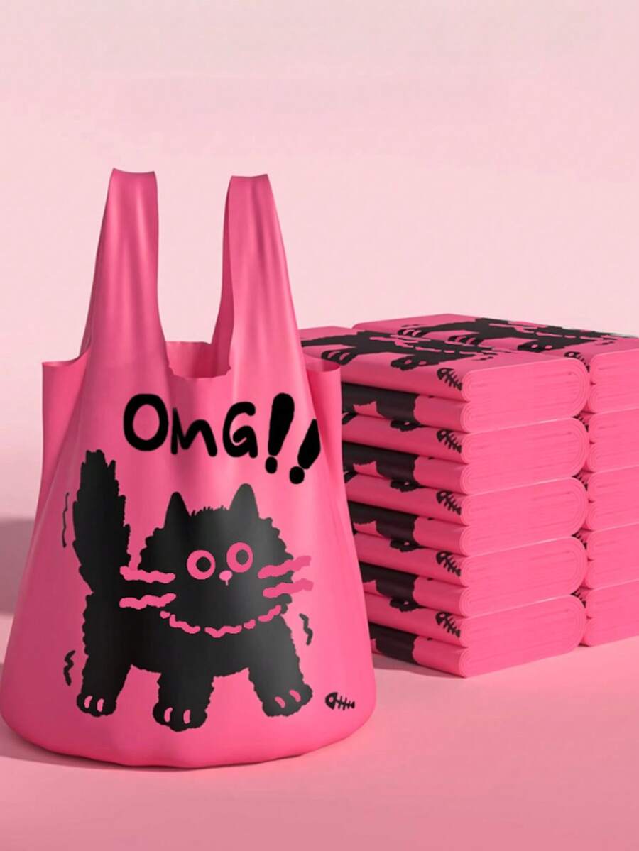 50pcs/Pack Thick Garbage Bags, Vest Style Portable Home Trash Bags, Cute Red Cat Trash Bags, Large Kitchen Food Waste Bags, Economic And Practical Cleaning Bags - Multicolor - View 1