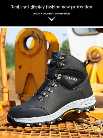 1 par de zapatos de trabajo con punta de acero para hombres, con absorción de impactos, a prueba de perforaciones, antideslizantes, de cuero PU ligero, suela de goma duradera, botas de senderismo de botón giratorio de caña alta, zapatos de trabajo para hombres, zapatos deportivos con punta de acero, zapatos de entrenamiento, para construcción y uso casual