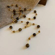 Retro Caramel Tiger's Eye Beaded Long Sweater Chain, Luxury High-End Elegant High-Grade Autumn And Winter Accessory Necklace For Women - 咖色 - 查看 8