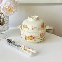 1 Set Of Cute And Heartwarming Thanksgiving Bear Patterned Exquisite Ceramic Covered Bowls With Lids, Forks And Spoons, Plus A Mug Set. Perfect For Solo Dining And Comforting Instant Noodle Dinners. Ideal As A Gift For Friends, Family, And Children. Great For Thanksgiving, Halloween.