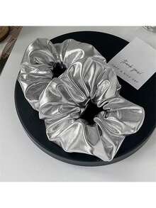 DAZY 2个小号亮银色漆皮发圈，日常佩戴，Y2K时尚，简约风格发绳，马尾辫发圈，发圈，发饰 - 銀色2pcs - 查看 4