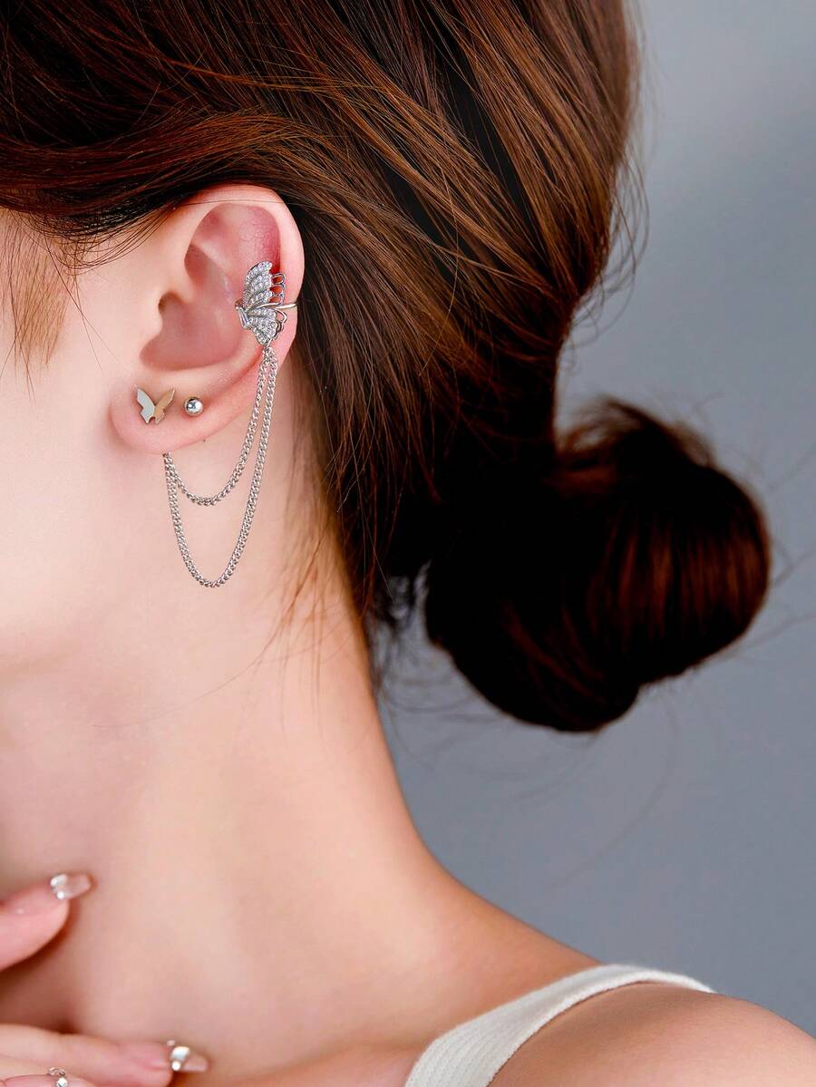 Nooxian 2pcs Butterfly Tassel Zirconia Ear Cuff & Stud Earrings Set (No Gift Box), Women Earring Sets