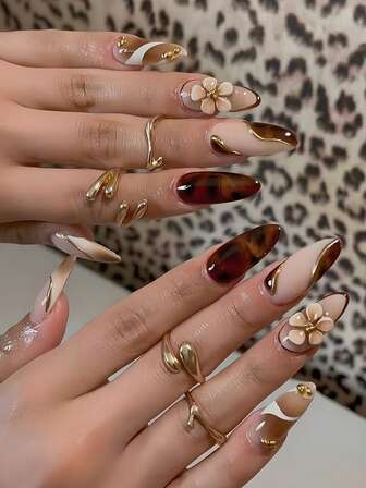 24 piezas de uñas postizas con forma de almendra de lujo con efecto tie-dye, diseño de líneas florales 3D, uñas postizas para uso diario, ir al trabajo, citas, San Valentín, aniversario (incluye gel de gelatina y lima de uñas)