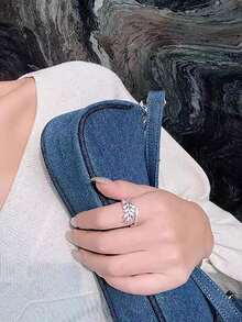 1 Peça Anel de Folha de Zircônia Cúbica Elegante e de Alta Qualidade, Ajustável para Mulheres, Adequado para Casamento e Eventos Formais