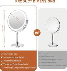 Professional 8.5 Large Lighted Makeup Mirror With Brighter Lights, 1X/10X True Magnifying Mirror With 3 Color Dimmable Lights, 90 Shadowless LEDs, 360°Swivel Seamless Vanity Mirror, Pearl Nickel - 15倍可充電銀 - 查看 9