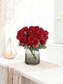 1/80 pièces Bouquet de roses en soie avec fruits en mousse artificielle, convient pour la décoration d'automne, le bouquet de mariée de la Saint-Valentin, le vase de mariage, la maison, le restaurant, la décoration de chambre, les fêtes, les anniversaires, la décoration de jardin extérieur - Rouge - Voir 9