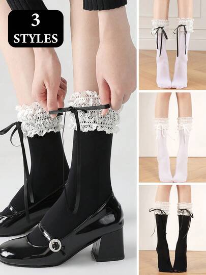 1 Pair Bow Lace Trim Women's Mid-Calf Socks, Cute & Sweet Lolita Ballet Style, Fall Socks