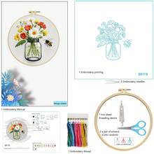 1 Set 11CT Cross Stitch Embroidery Kit, DIY Handmade Embroidery, Gramophone, Hot Air Balloon, Bee, Vase, Floral Pattern, With 3-Strand Threads, Needles, And Instructions - Multicolor - View 16
