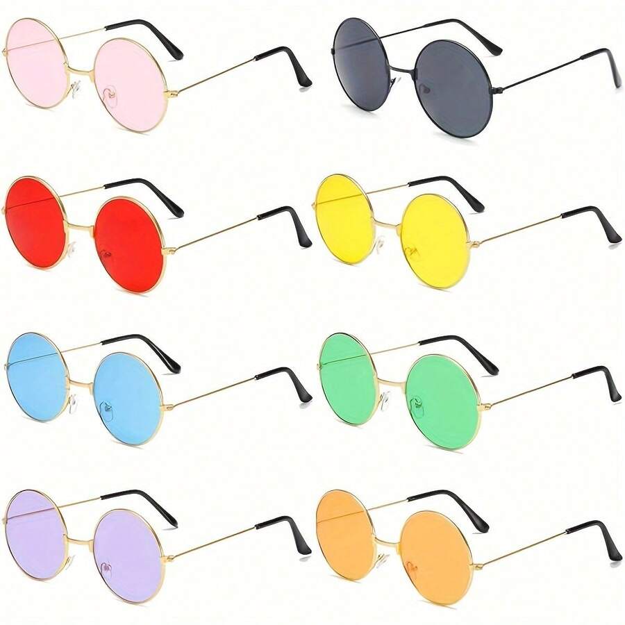12/8/1pc Retro Round Glasses Set, Metal & Plastic Frame Party Glasses, No Power Fancy Dress Eyewear For Events & Celebrations - Multicolor - View 1