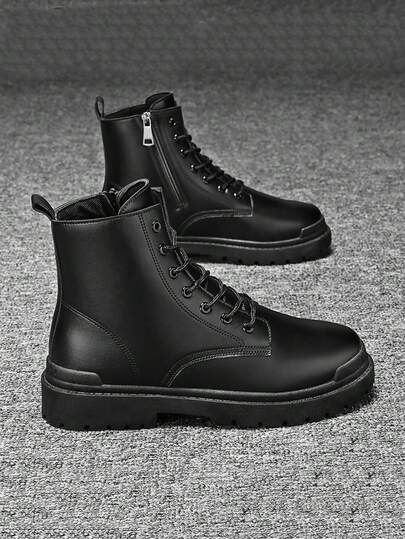 男士高帮靴，秋冬季百搭黑色真皮休闲鞋，耐磨低帮工装鞋，新款时尚休闲鞋，可搭配正装，系带金属鞋眼