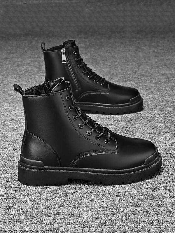 男士高帮靴，秋冬季百搭黑色真皮休闲鞋，耐磨低帮工装鞋，新款时尚休闲鞋，可搭配正装，系带金属鞋眼