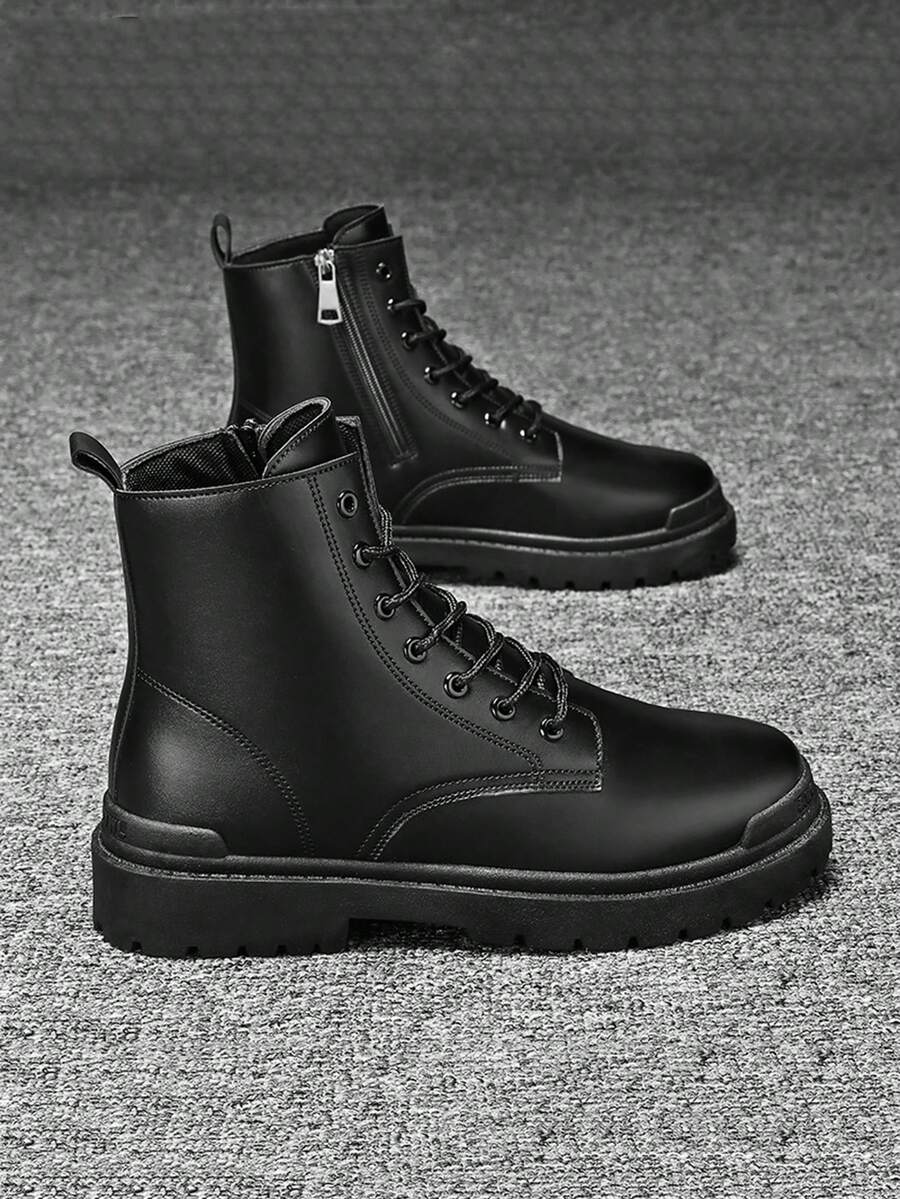 男士高帮靴，秋冬季百搭黑色真皮休闲鞋，耐磨低帮工装鞋，新款时尚休闲鞋，可搭配正装，系带金属鞋眼 - 黑色 - 查看 1