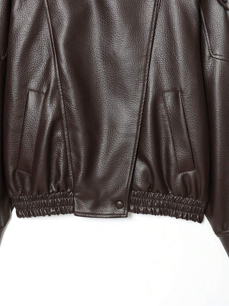 SHEIN x Luisa Sonza Seelio Autumn/Winter New Women's Fashion Leather Jacket, Minimalist European Style, Versatile Litchi Texture - Brown - View 8